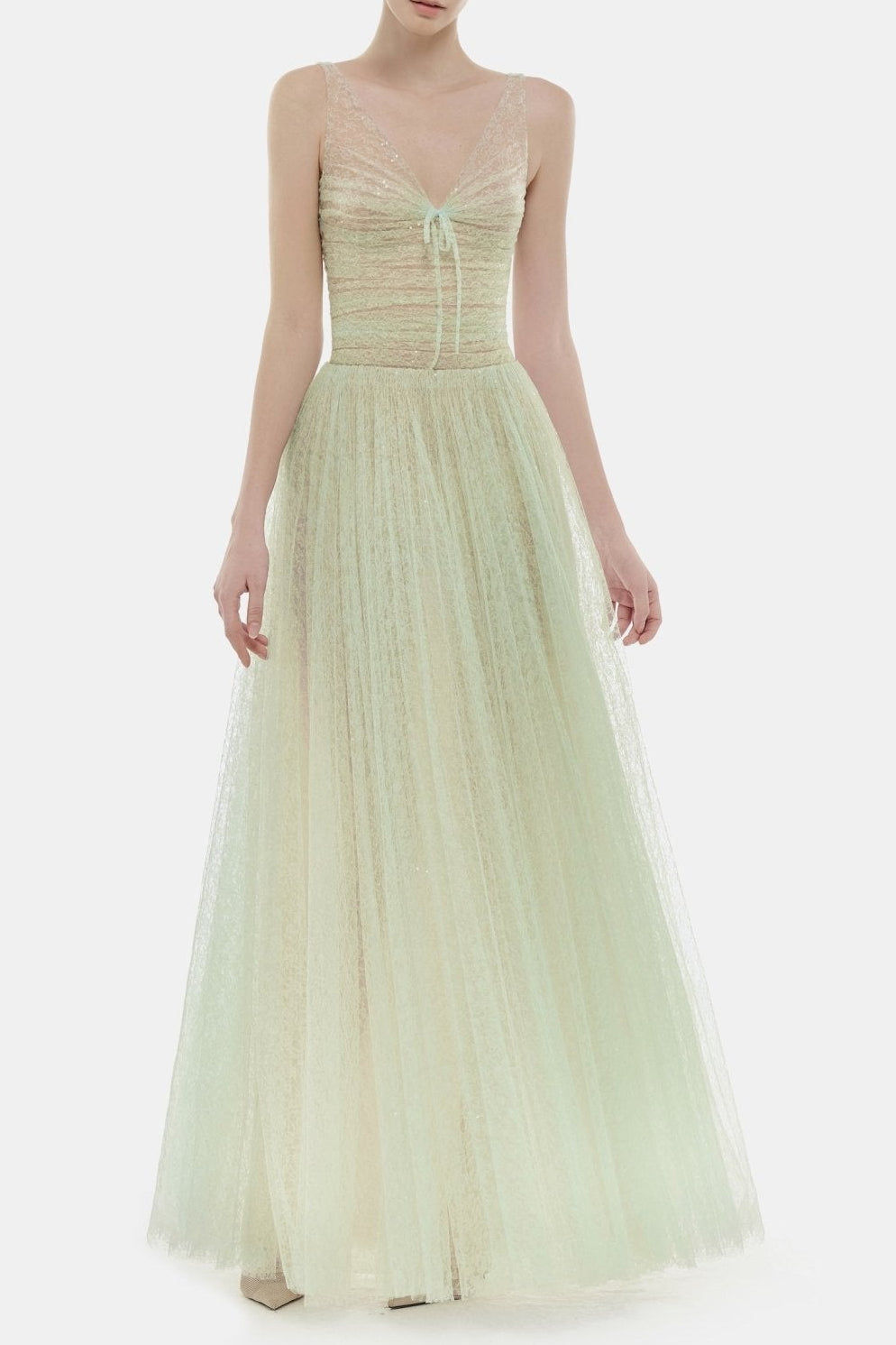 quintina mint draped tulle fishbone maxi dress