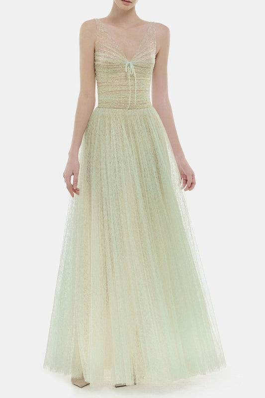 Ellalabel quintina mint draped tulle fishbone maxi dress - Crafted from Voluminous Soft Tulle- Ideal for Wedding Guest and Formal Galas.