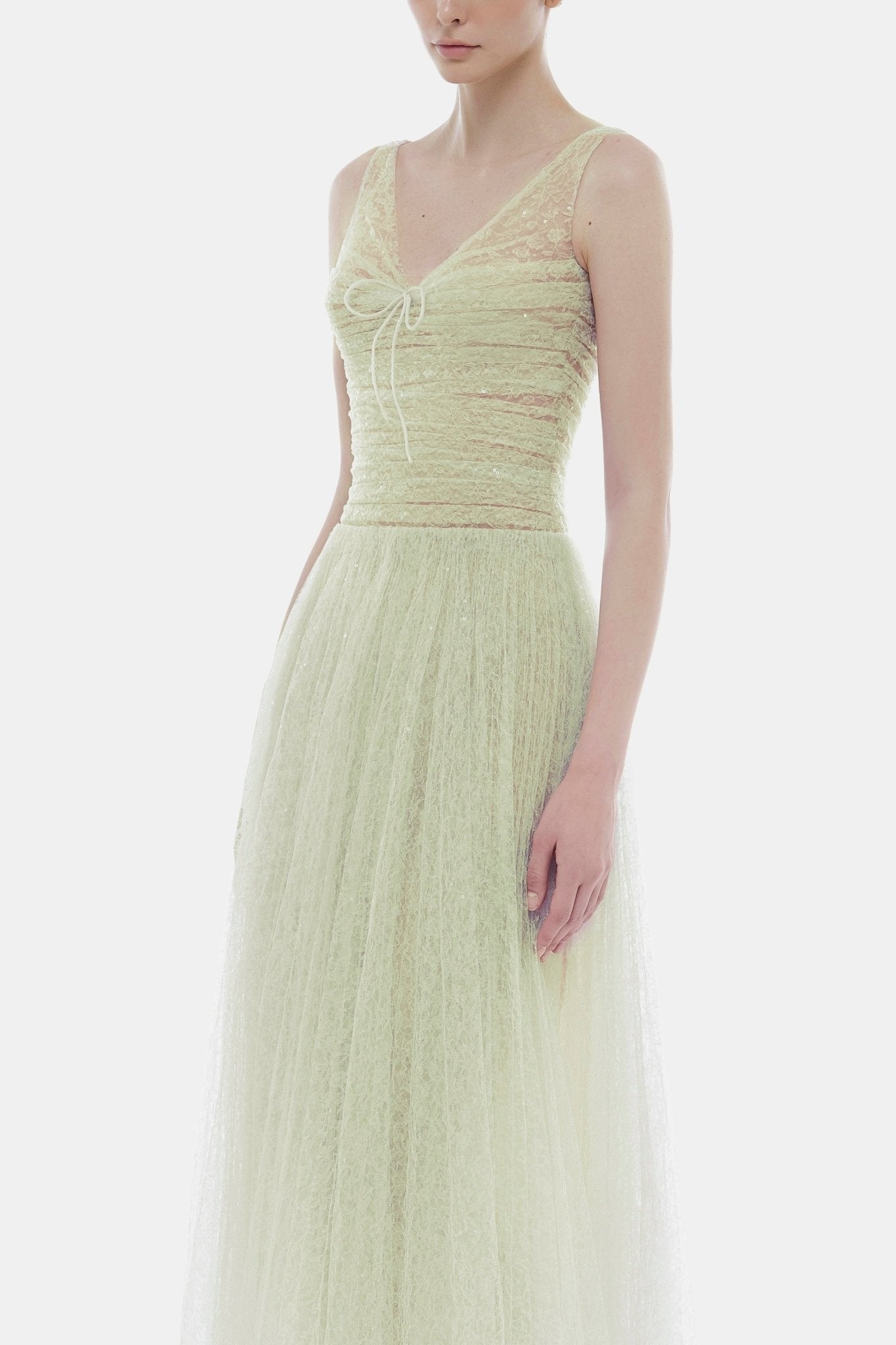 quintina mint draped tulle fishbone maxi dress