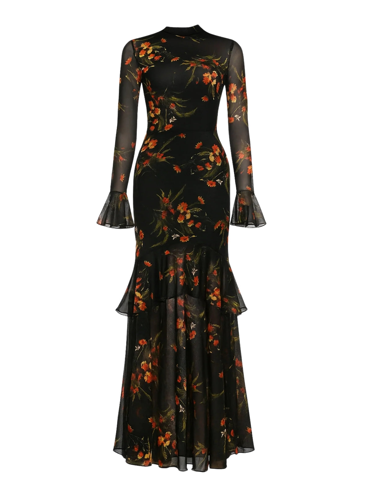 jacqueline Black Floral Mesh Ruffle Maxi Dress