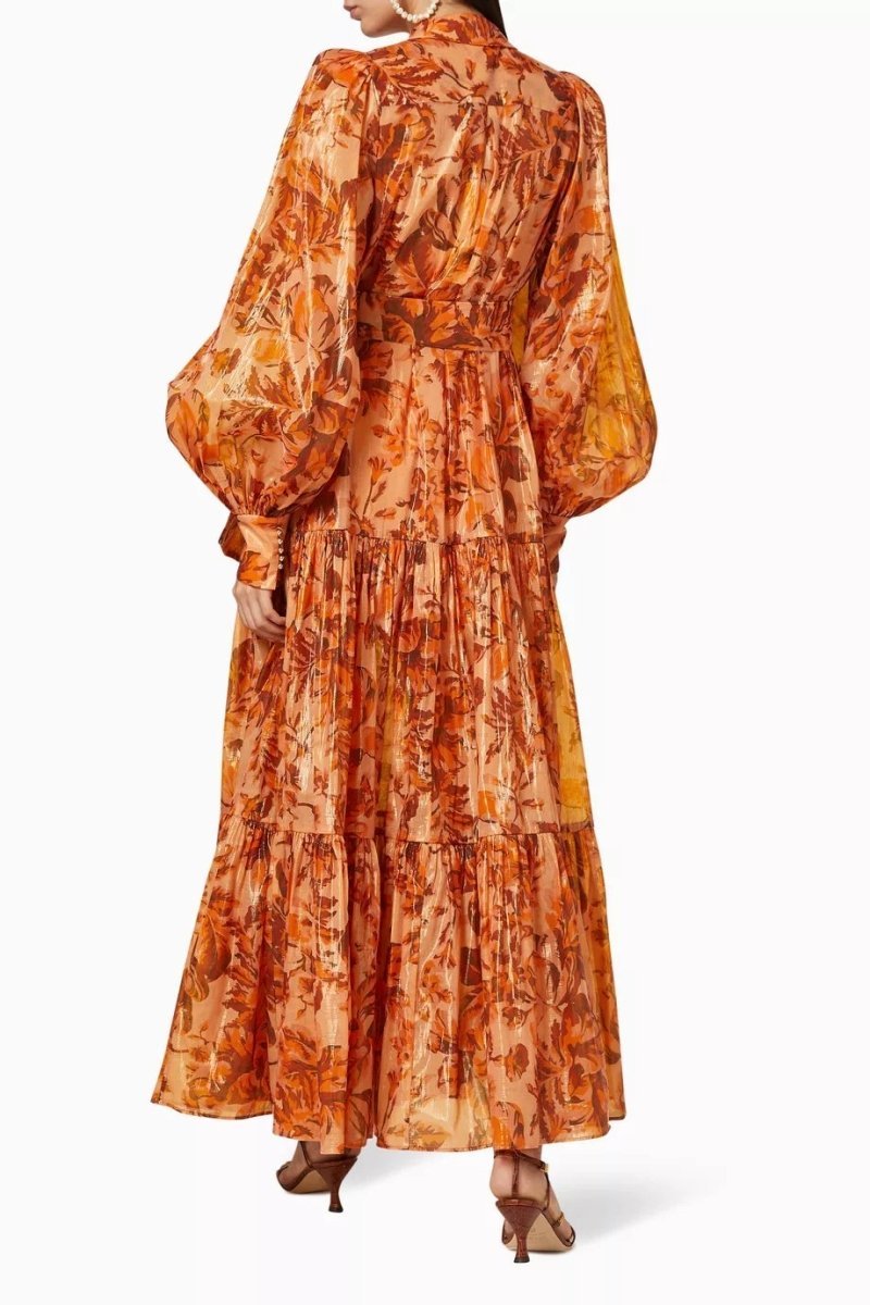 beatrice Printed Balloon Sleeve Maxi Dress in brown