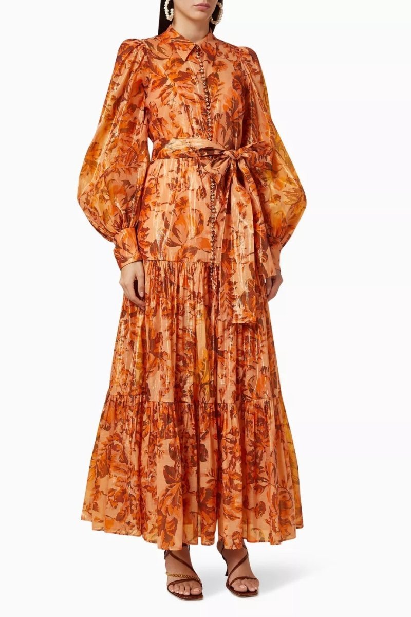 beatrice Printed Balloon Sleeve Maxi Dress in brown