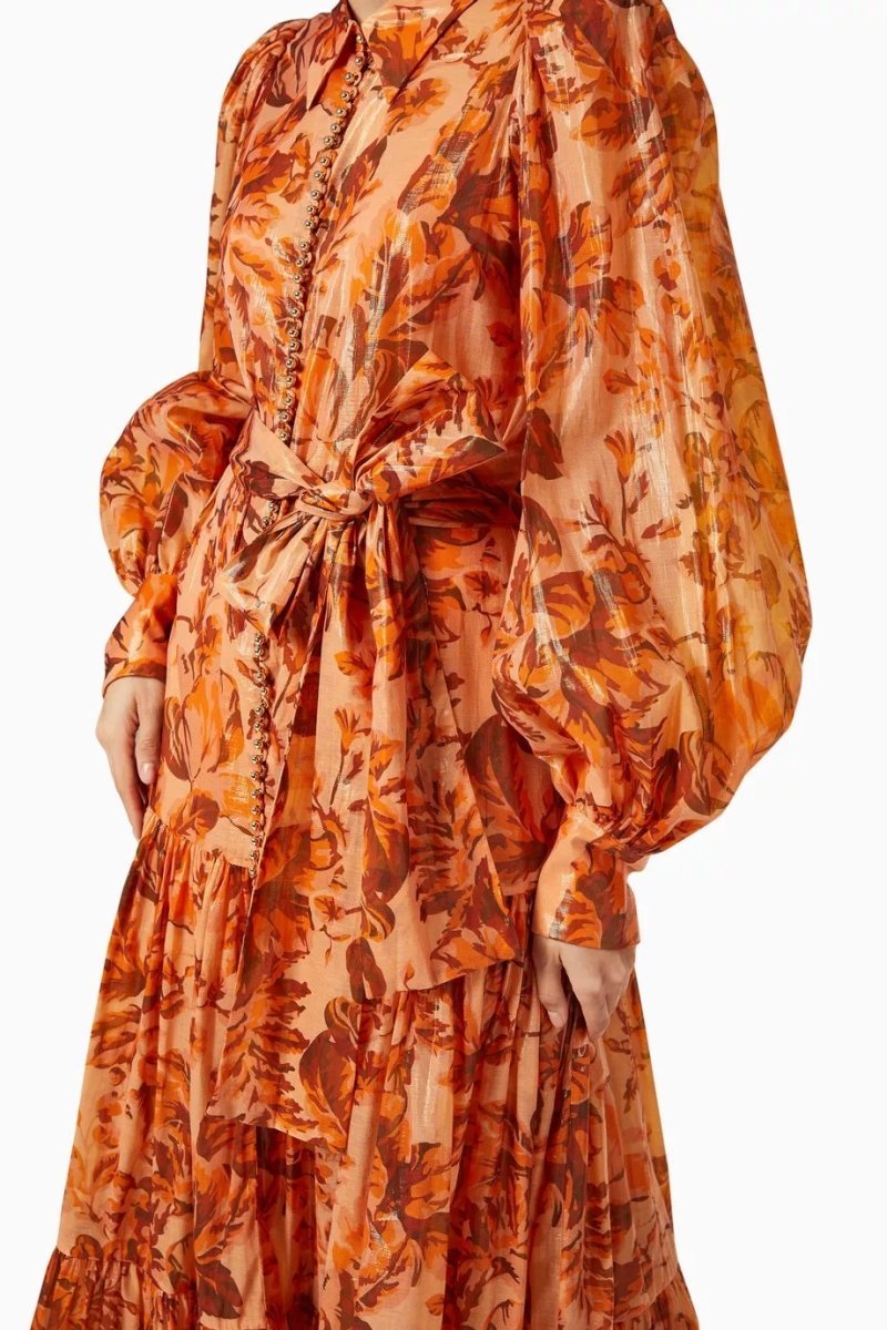 beatrice Printed Balloon Sleeve Maxi Dress in brown