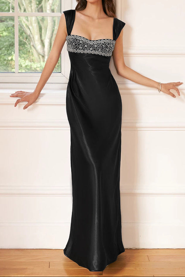 sabrina black Rhinestone embellished Satin Maxi Dress