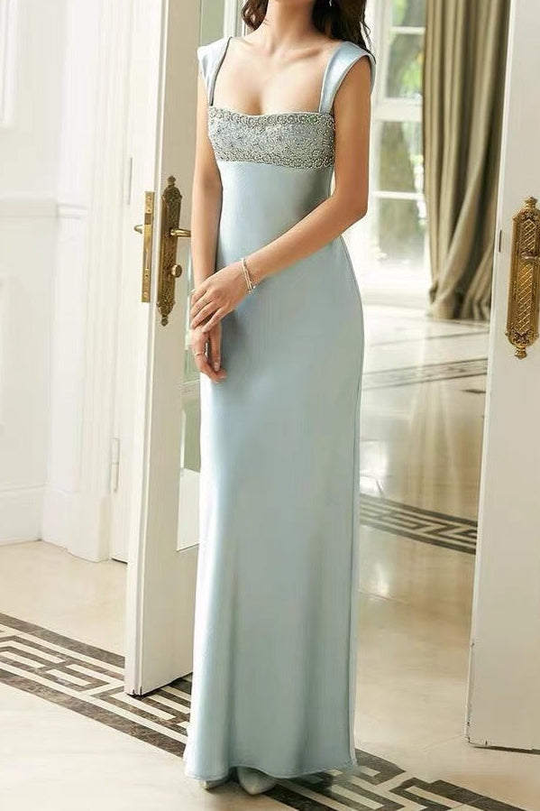 sabrina blue Rhinestone embellished Satin Maxi Dress