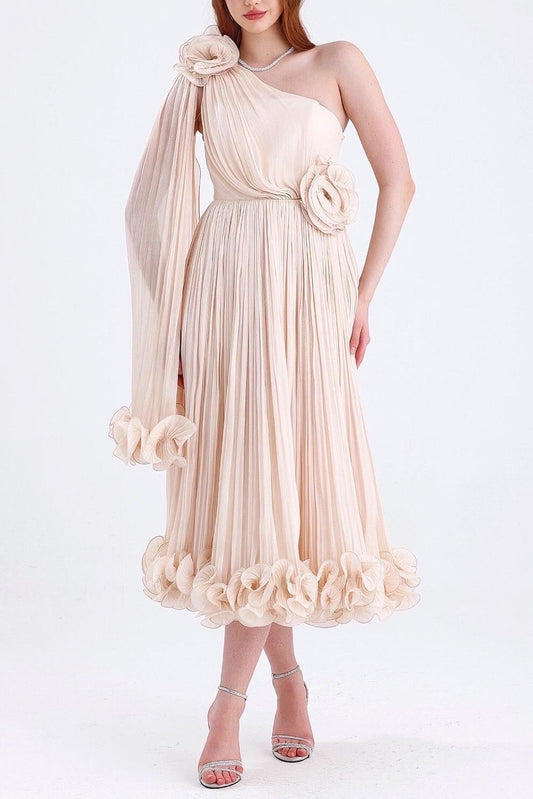 Ellalabel hilary one shoulder 3d flower ruffle hem maxi dress in apricot - Crafted from High-quality Fabrication- Ideal for Wedding Guest and Formal Galas.
