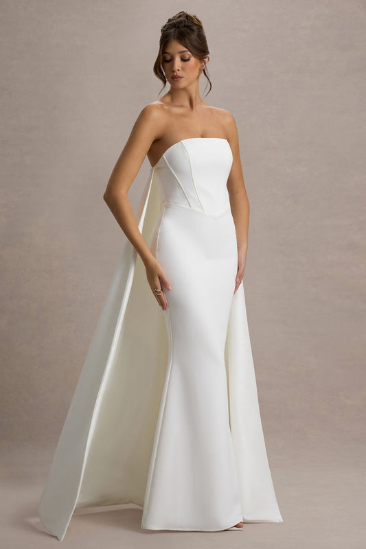 Ellalabel She's Trouble | White Bandeau Maxi Dress With Cape - Crafted from High-quality Fabrication- Ideal for Wedding Guest and Formal Galas.