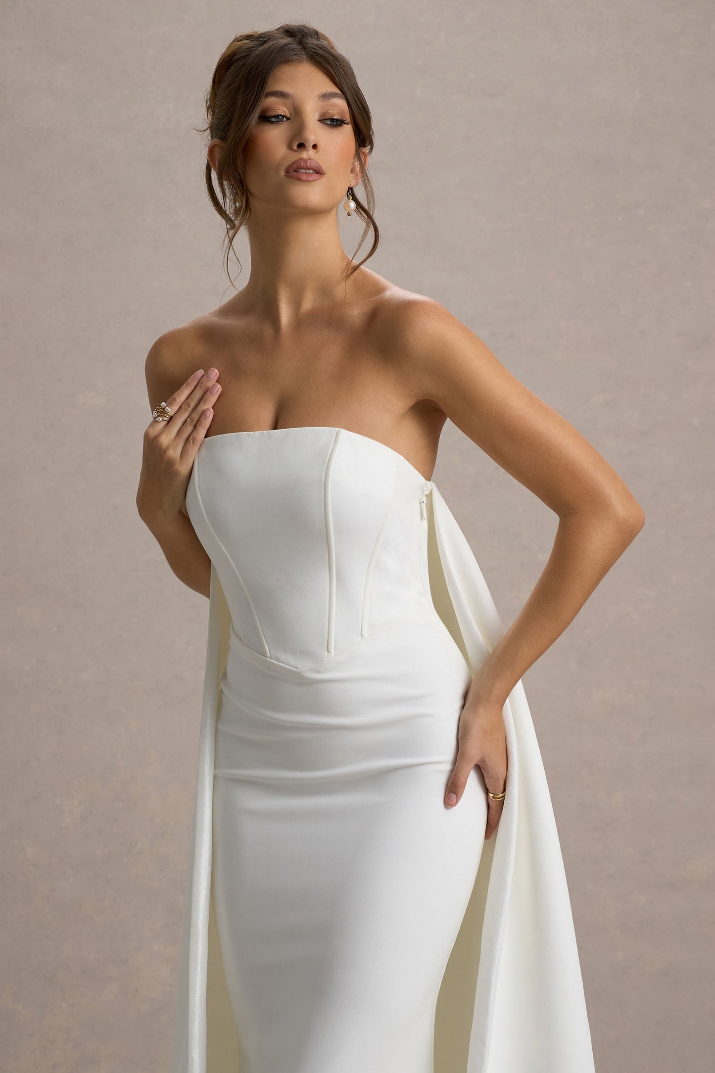 Stylish white dress | She's Trouble | White Bandeau Maxi Dress With Cape - Ideal for special occasions