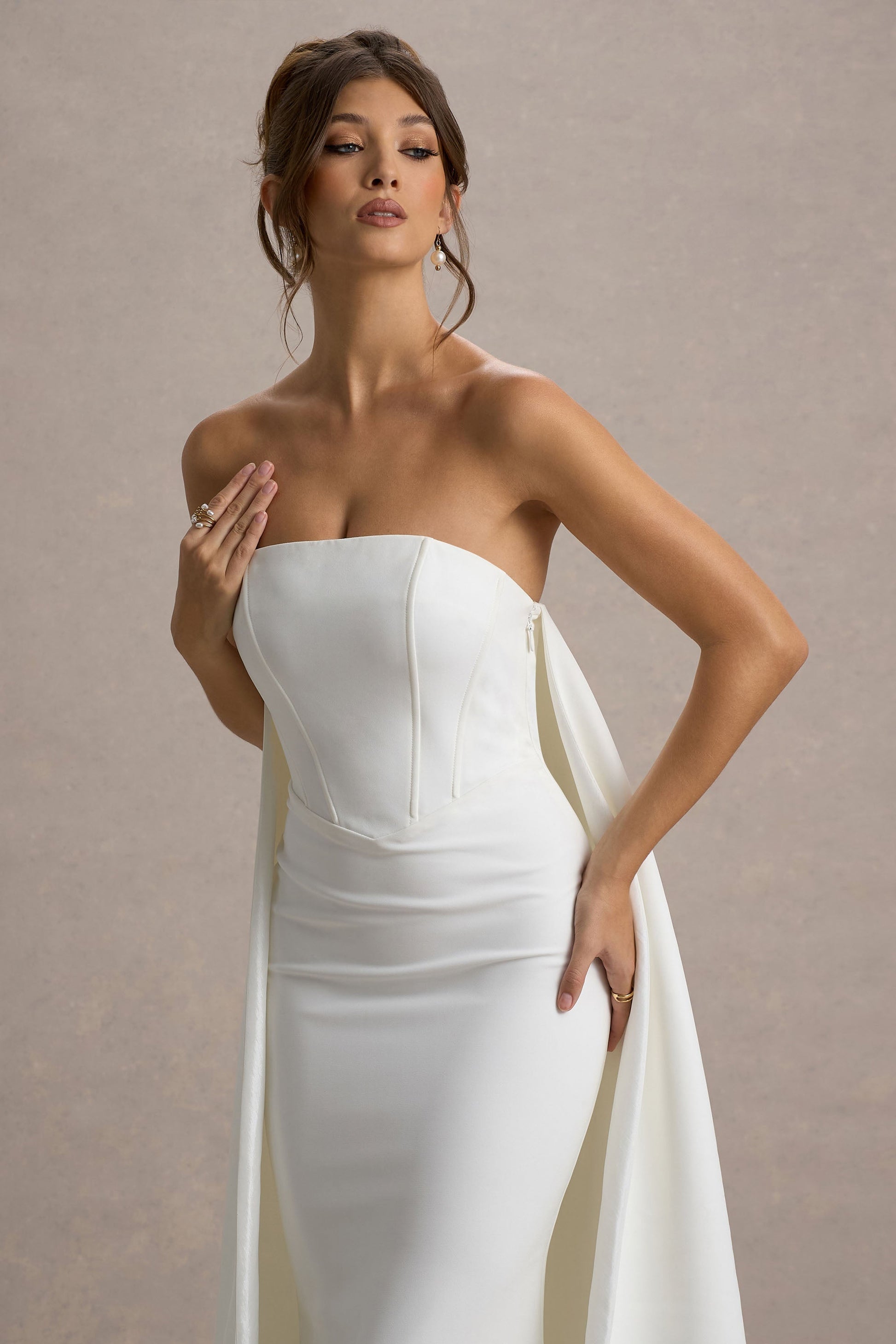 She's Trouble | White Bandeau Maxi Dress With Cape