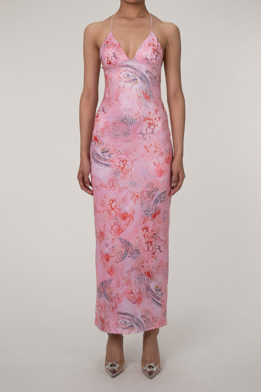 Ellalabel Printed Strappy Butterfly Backless Plunge Sheath Slip Maxi Dress in Pink - Crafted from High-quality Fabrication- Ideal for Wedding Guest and Formal Galas.