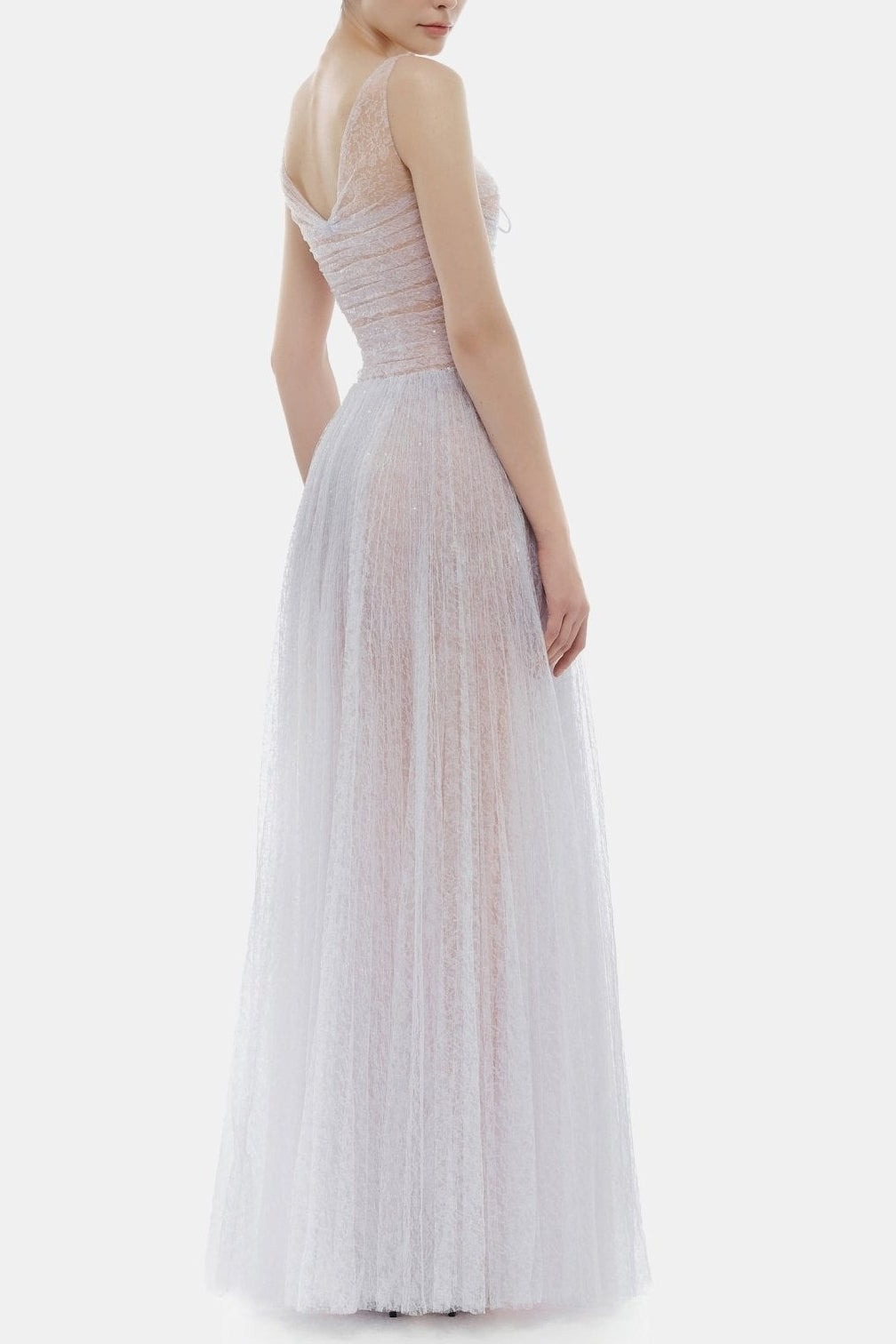 quintina violet draped tulle fishbone maxi dress