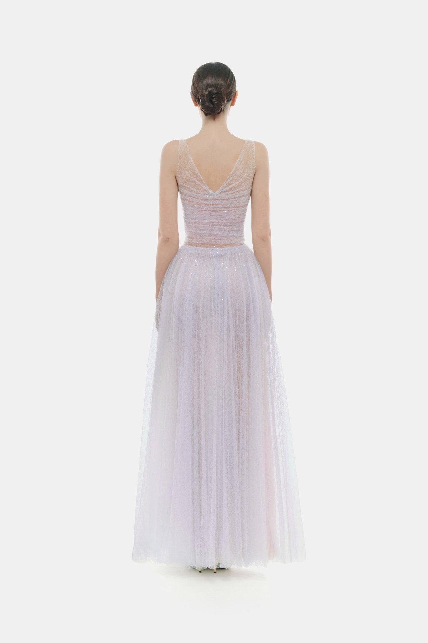 quintina violet draped tulle fishbone maxi dress