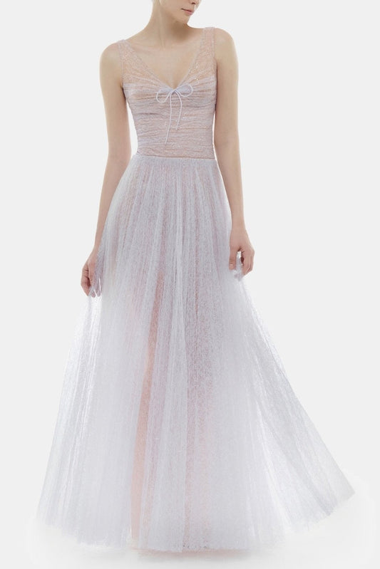 Ellalabel quintina violet draped tulle fishbone maxi dress - Crafted from Voluminous Soft Tulle- Ideal for Wedding Guest and Formal Galas.