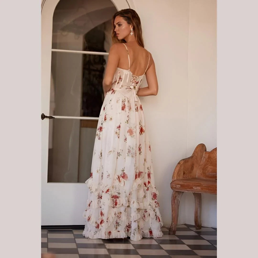 sabina floral printed high slit Strapless maxi dress