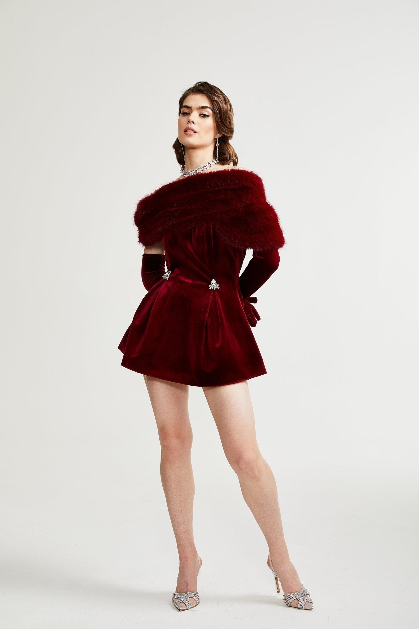 priscilla black velvet fur mini dress