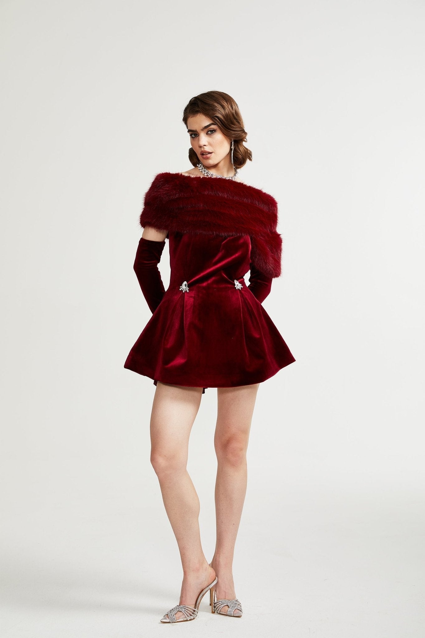 priscilla black velvet fur mini dress