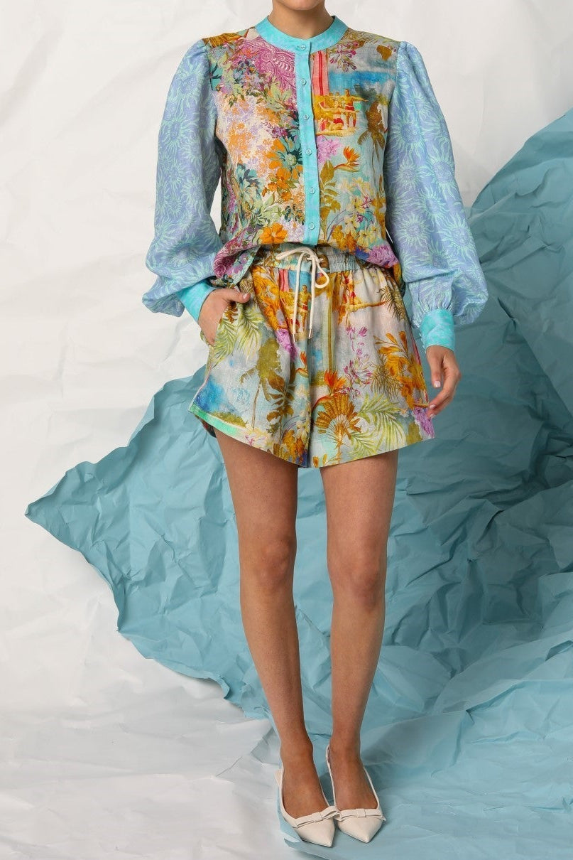 michelle Linen lantern-sleeve shirt shorts set