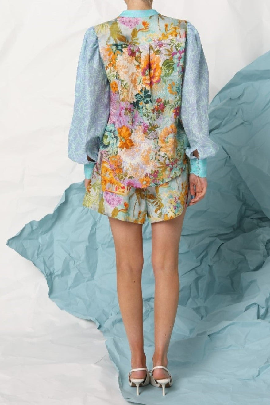 michelle Linen lantern-sleeve shirt shorts set