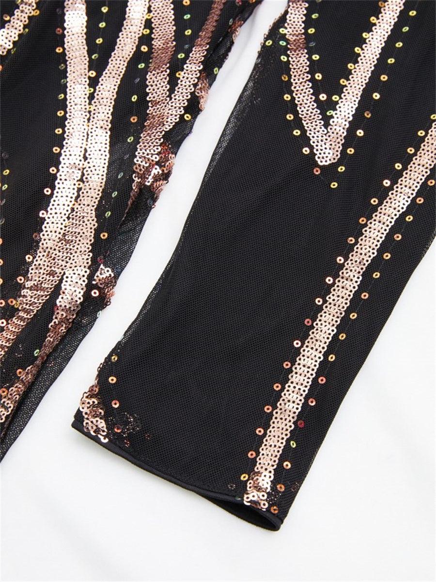 A-Line Long Sleeve Sequin Black Dress